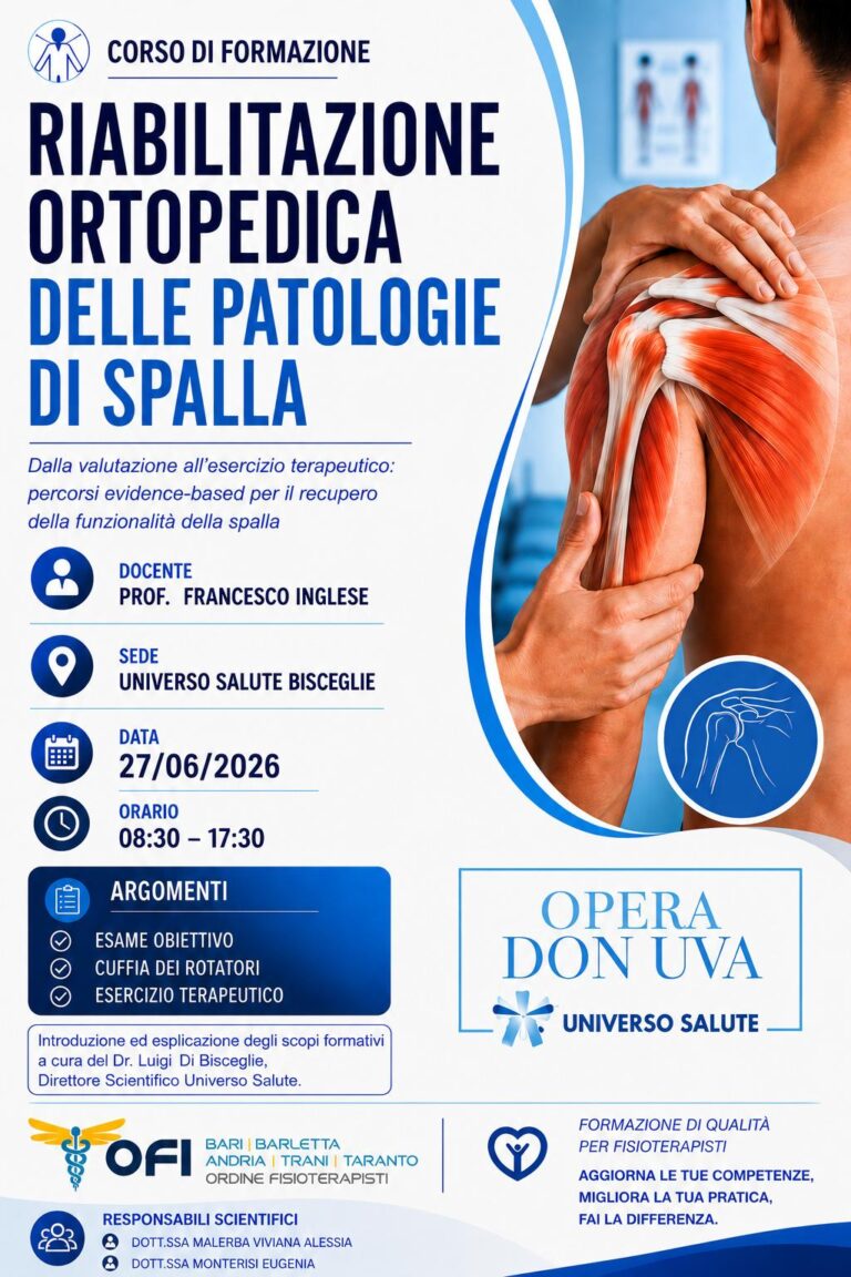 RIABILITAZIONE ORTOPEDICA DELLE PATOLOGIE DI SPALLA, A BISCEGLIE IMPORTANTE CORSO DI FORMAZIONE